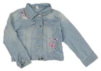 Svetlomodrá rifľová crop bunda s motýlikmi a golierikom Topolino