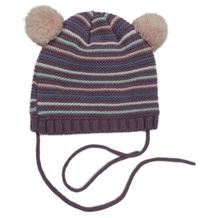 Fialovo-pruhovaná pletená zavazovací čapica s bambulemi Ergee
