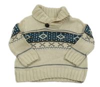 Béžovo-petrolejový pletený svetr se vzorem 