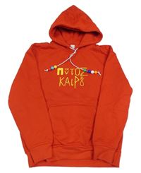 Červená teplá mikina s nápisy a kapsou a korálky a kapucí