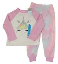 Nové - bílo-světlerůžovo-duhové fleecové pyžamo s jednorožcem PRIMARK