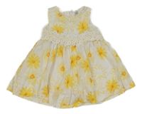 Bielo-žlto-tmavožlté kvetované plátenné šaty s čipkou