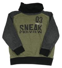 Kaki-tmavošedo-čierna melírovaná mikina s nápismi a číslom a komínovým golierom YIGGA