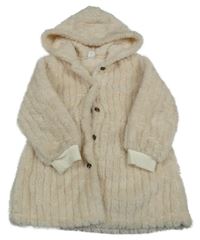 Smotanový rebrovaný chlpatý kabát s kapucňou SHEIN