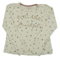 Smotanové crop tričko s kvietkami a zlatými nápisy PRIMARK