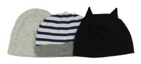 3x - Čepice - Světlešedá melírovaná H&M, bílo/tmavomodro/šedá pruhovaná Vertbaudet, černá - Batman H&M