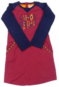 Malinovo-tmavomodré teplákové šaty s nápisom a klokankou