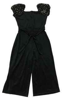 Čierny plyšový nohavicový overal s šifónovými rukávy s hviezdičkami Matalan