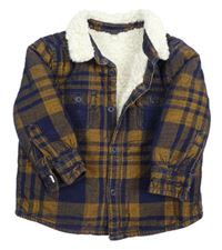 Tmavomodro-hnedá kockovaná menšestrová zateplená košeľová bunda M&S