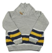 Sivo-tmavmomodro-okrový sveter s pruhmi a golierom Matalan