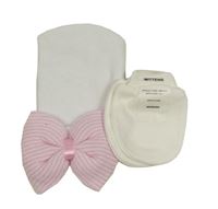 2set - Bílá bavlněná čepice s mašlí + smetanové rukavičky