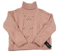 Nové - Starorůžový crop svetrový rolák s bambulemi Dunnes