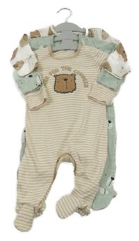 Nové - 3x overal - béžovo-bílý pruhovaný s medvědem + světlezelený s medvědy + smetanový Matalan