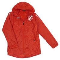 Červená šusťáková sportovní bunda s potiskem a kapucí Jako