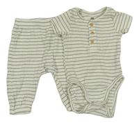 2set - Bílo-zelené pruhované žebrované body s knoflíky + tepláky H&M