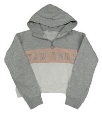 Sivo-bielo-ružová crop mikina s nápisom a kapucňou H&M