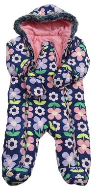 Tmavomodro-farebná kvetovaná šušťáková zimná kombinéza s kapucí + rukavice M&S
