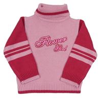 Svetloružová -ružový pletený sveter s nápisom a rolákom
