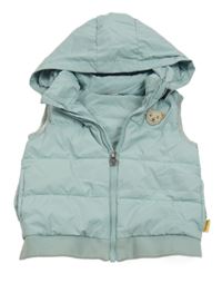 Svetlomodrá šušťáková zateplená vesta s medvěďom a kapucňou
