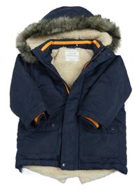 Tmavomodrá šusťáková zateplená bunda s kapucí s kožešinou Primark