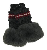 Nové - Tmavošedo-červeno-bílé bezprstové rukavice s kožešinou a pruhmi