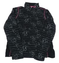 Čierno-sivo-ružová pruhovaná fleecová mikina s kvetmi