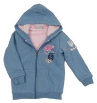 Modrá propínací zateplená mikina s nápisy a kapucí Papagino