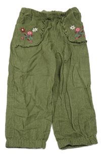 Khaki bodkovaná é manšestráky s kvetmi Tu