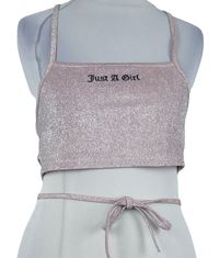 Dámsky ružový trblietavý crop top s nápisem na zavazování
