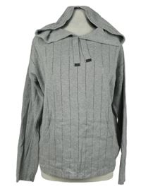 Dámský šedý proužkovaný svetr s kamínky a kapucí Monari 