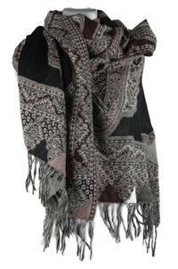 Dámska vínovo-čierna vzorovaná šál s strapcemi