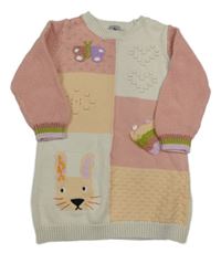 Ružovo-béžovo-smotanové pletené šaty s obrázkami Tu