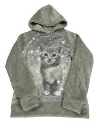 Šedá chlupatá mikina s kočkou a kapucí Yigga