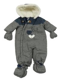 Tmavomodro-šedá zimní kombinéza s pejskem a kapucí+ capáčky C&A