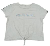 Biele crop tričko so zavazováním a lesklým nápisom C&A