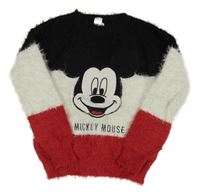 Černo-bílo-červený chlupatý svetr s Mickeym C&A