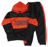 2set - Černo-červená sametová mikina s nápisem a kapucí + tepláky 