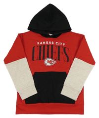 Červeno-čierna mikina s nápisem, béžovymi rukávy a kapucňou