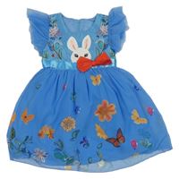 Modré kvetované šifónové šaty s králikom a mašlou