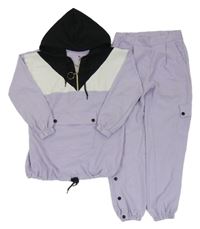 2set - Lila-bílo-černá šusťáková bunda s kapucí + cuff kalhoty s kapsou Pulcino