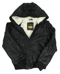 Čierna koženková zateplená bunda s kapucňou Yd.