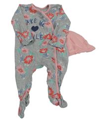 Nové - 2set - Šedo-růžový overal s kytičkami + růžová čepice Nutmeg