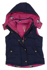 Tmavomodro-růžová šusťáková prošívaná zateplená vesta s odepínací kapucí Joules