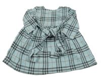 Světlemodro-sivo-medové kockované šaty s opaskom