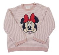Světlerůžovo-bílý pruhovaný svetr s Minnií Disney