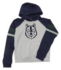 Sivo-tmavomodrá mikina s vlkem a kapucňou Mountain Warehouse