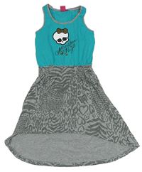 Sivo-modrozelené šaty so vzorom a srdiečkami a lebkou - monster High