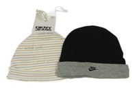 Nové - 2x - Čepice - Smetanovo/pruhovaná s nápisy DKNY, černo/šedá s logem Nike
