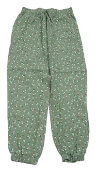 Olivové cuf ľahké nohavice s kvietkami H&M