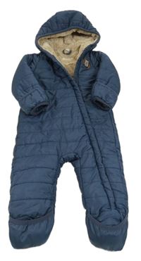 Tmavomodrá prošívaná šusťáková zimní kombinéza s medvídkem a kapucí POCOPIANO